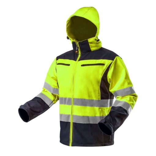 Kurtka Ostrzegawcza Softshell NEO TOOLS 81-700 do pracy robocza kurtka bhp sklep system internetowy dla pracowników odblaskowa z odblaskami z kapturem lekka wiatrówka przeciwdeszczowa odzież ochronna sklep system internetowy żółta granatowa dla drogowców