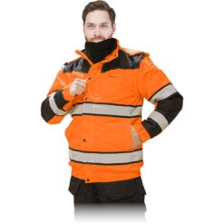 Kurtka ostrzegawcza ocieplana REIS MILLING do pracy ochronna bhp sklep system internetowy z odblaskami ciepła na zimę zimowa dla drogowców wysokiej widoczności dla pracowników puchowa z kapturem wodoodporna przeciwdeszczowa pomarańczowa czarna