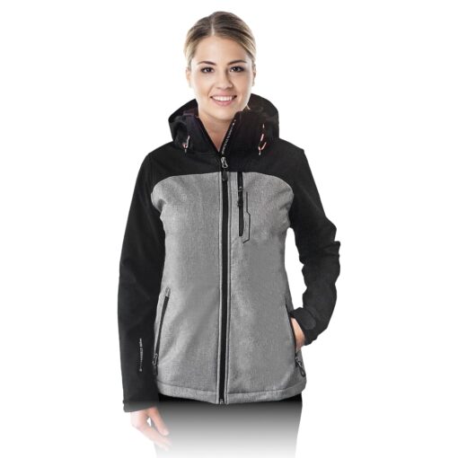 Kurtka robocza softshell LH-LADYFUN Damska do pracy dla kobiet dla pracownic odzież robocza ochronna bhp sklep system internetowy dwukolorowa wiatrówka cienka podszyta z polarem przeciwdeszczowa wodoodporna z kieszeniami szara czarna