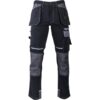 Spodnie robocze LAHTI PRO L40520 do pasa w pas odzież robocza ochronna dla pracowników slimowane bezpieczne bhp sklep system internetowy wzmocnione z odblaskami kieszenie workowe płótno canvas czarne szare przód
