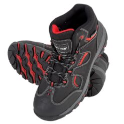 Buty robocze LAHTI PRO L30117 S3 do pracy trzewiki za kostkę obuwie bezpieczne ochronne buty robocze skórzane nubuk skórkowe antypoślizgowe bhp sklep system internetowy czarne czerwone z podnoskiem noskiem bez metalu antyprzebiciowe