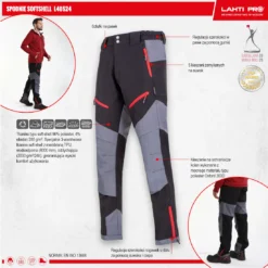 Spodnie robocze softshell LAHTI PRO L40524 do pracy ochronne bhp softshellowe wodoodporne bhp odzież dla pracowników wytrzymała ciuchy narciarskie mocne szare czarne czerwone infografika
