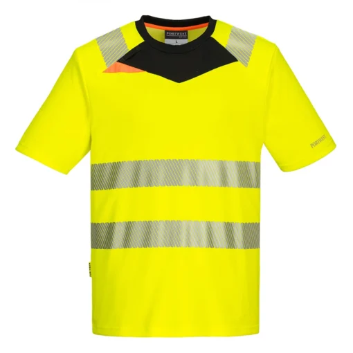 Koszulka ostrzegawcza PORTWEST DX413 odblaskowa z odblaskami dla drogowców wysokiej widoczności bhp sklep system internetowy przewiewna dopasowana slimowana dla pracowników odzież robocza żółto czarna