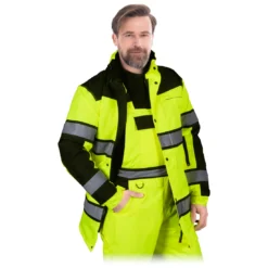 Kurtka ostrzegawcza ocieplana REIS MILLING LJ parka długa do uda przedłużana ostrzegawcza odblaskowa wytrzymała wysokiej widoczności dla drogowców ocieplana ciepła odzież robocza bhp sklep system internetowy żółto czarna z polarem