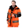 Kurtka ostrzegawcza ocieplana REIS MILLING LJ parka długa do uda przedłużana ostrzegawcza odblaskowa wytrzymała wysokiej widoczności dla drogowców ocieplana ciepła odzież robocza bhp sklep system internetowy pomarańczowo czarna z polarem