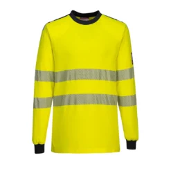 Koszulka ostrzegawcza trudnopalna PORTWEST FR701 WX3 do pracy ochronna koszulka longsleeve trudnopalna spawalnicza odblaskowa dwa rzędy pasów odblaskowych t-shirt dla spawacza dla szlifierza wysokiej widoczności żółto granatowa