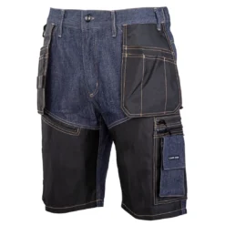 Spodenki robocze LAHTI PRO L40709 do pracy ochronne krótkie bermudy szorty z workami kieszeniowymi mocne jeansowe wytrzymałe krótkie dla pracowników granatowe czarne