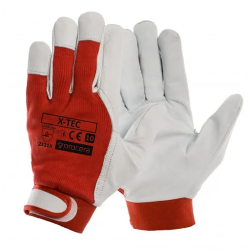 Rękawice robocze PROCERA X-TEC do pracy ochronne skórzane skórkowe miękkie na rzep wytrzymałe bhp sklep system internetowy dla pracowników odzież ochronna białe czerwone