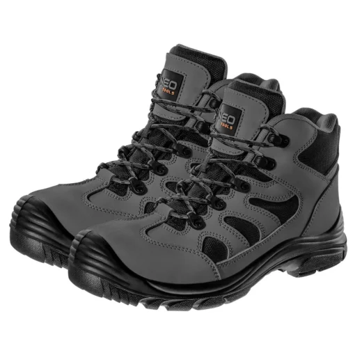 Buty robocze NEO TOOLS 81-167 S3 SRC do pracy ochronne robocze wytrzymałe za kostkę mocne sznurowane antypoślizgowe trapery trekkingowe z ponoskiem noskiem podeszwą antypoślizgowe szare czarne