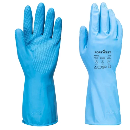 Rękawice lateksowe chemiczne PORTWEST AP76 12 par chemiczne laboratoryjne lateksowe bawełniane odporne na zanieczyszczenia wygodne nowoczesne bhp sklep system internetowy niebieskie