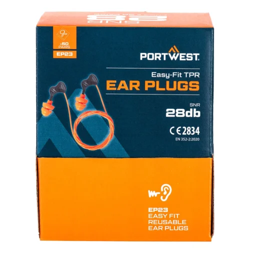 Zatyczki do uszu na sznurku PORTWEST EP23 SNR 28dB do pracy ochronne ochronniki słuchu pojedyncze lekkie silikonowe sklep system bhp pomarańczowe granatowe opakowanie 50 par