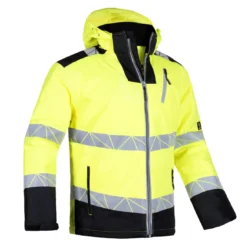 Kurtka ostrzegawcza softshell PROCERA VELORO do pracy ochronna robocza bhp z odblaskami dla drogowców wysokiej widoczności wygodna z kapturem dla pracowników odzież ochronna żółta czarna