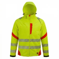 Ocieplana kurtka ostrzegawcza softshell URGENT HV 8723 w kolorze żółto-czerwonym. Widok z przodu, pokazujący kaptur, zapinane kieszenie oraz segmentowe pasy odblaskowe na tułowiu i rękawach.