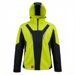 Męska kurtka robocza softshell URGENT 935 w kolorze jaskrawożółtym z czarnymi wstawkami na bokach i rękawach. Widok z przodu, pokazujący kaptur, dwie zasuwane kieszenie na piersi oraz mankiety na rzepy.