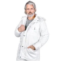 Kurtka robocza ocieplana KMO-WHITE Biała HACCP do pracy spożywka spożywcza branża produkcja żywności mroźnia chłodnia z kapturem wygodna parka dla pracowników